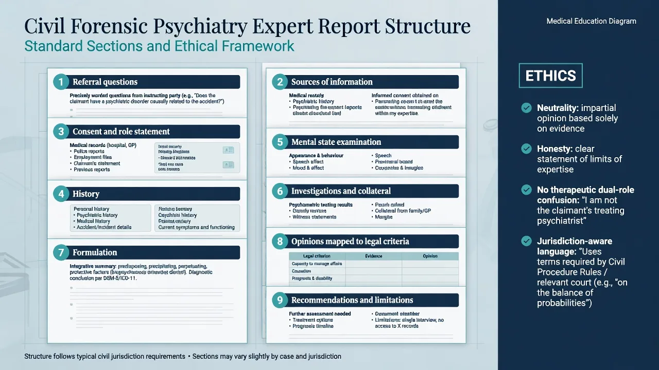 Standard sections of a civil forensic psychiatry expert report with ethics sidebar
