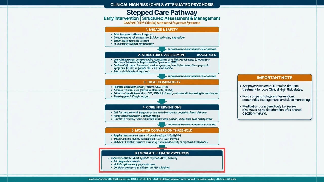 Stepped care pathway for CHR from engagement through CBT and monitoring to FEP escalation