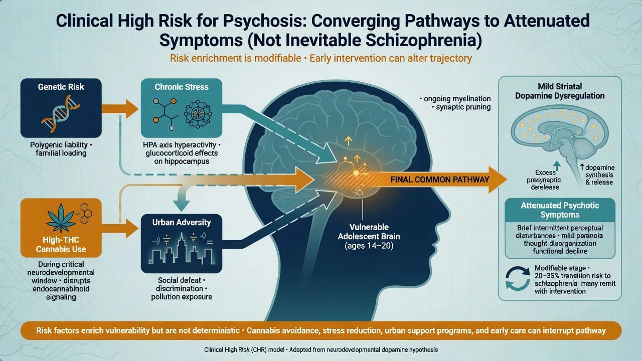 Converging genetic, stress, cannabis and adversity pathways to mild striatal dopamine dysregulation and attenuated symptoms