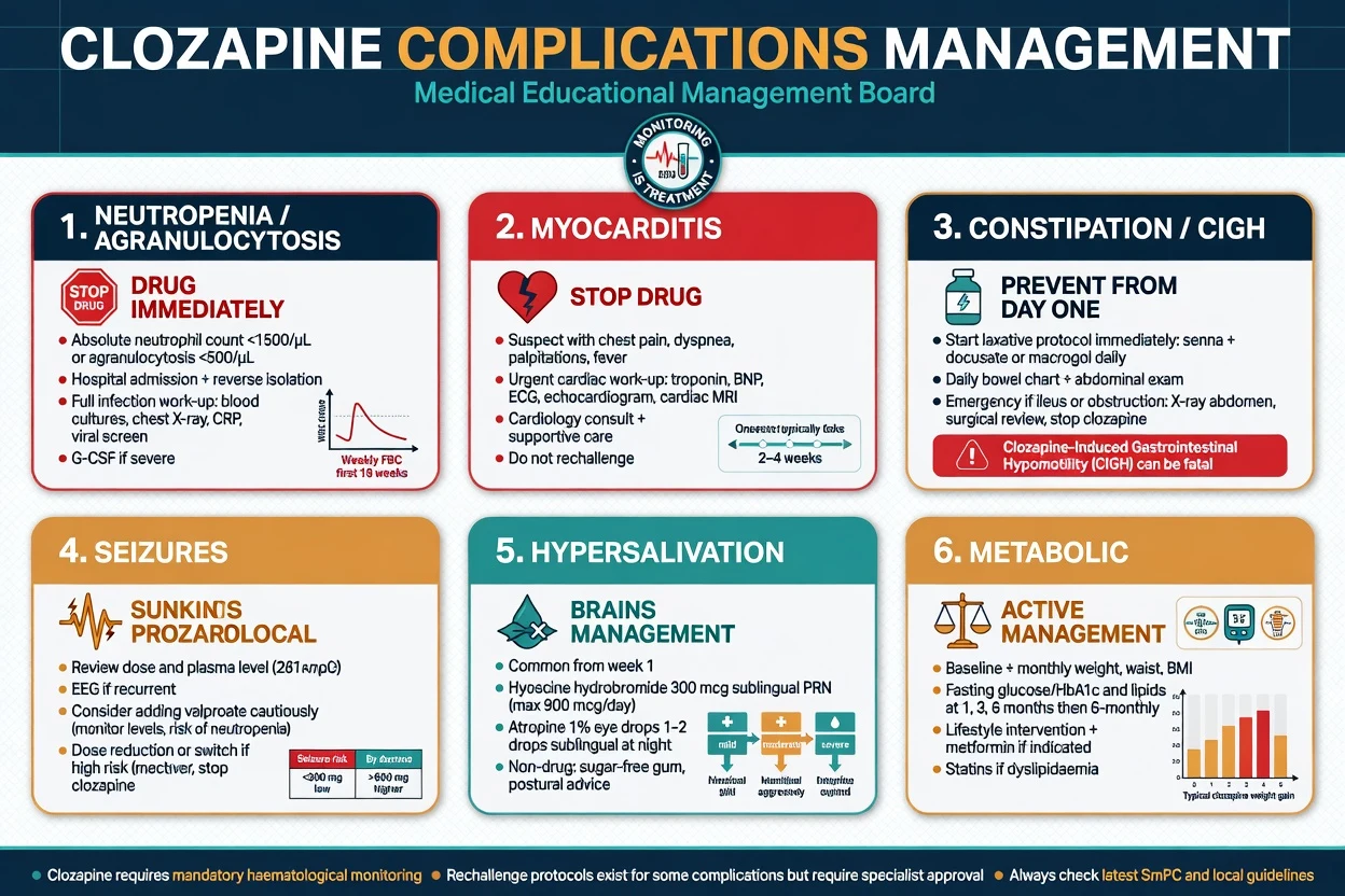 Six-panel management board for neutropenia myocarditis CIGH seizures hypersalivation and metabolic effects