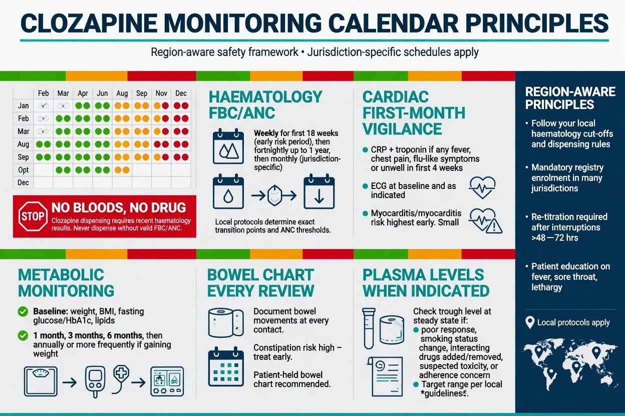 Region-aware clozapine monitoring calendar for haematology cardiac metabolic bowel and plasma levels