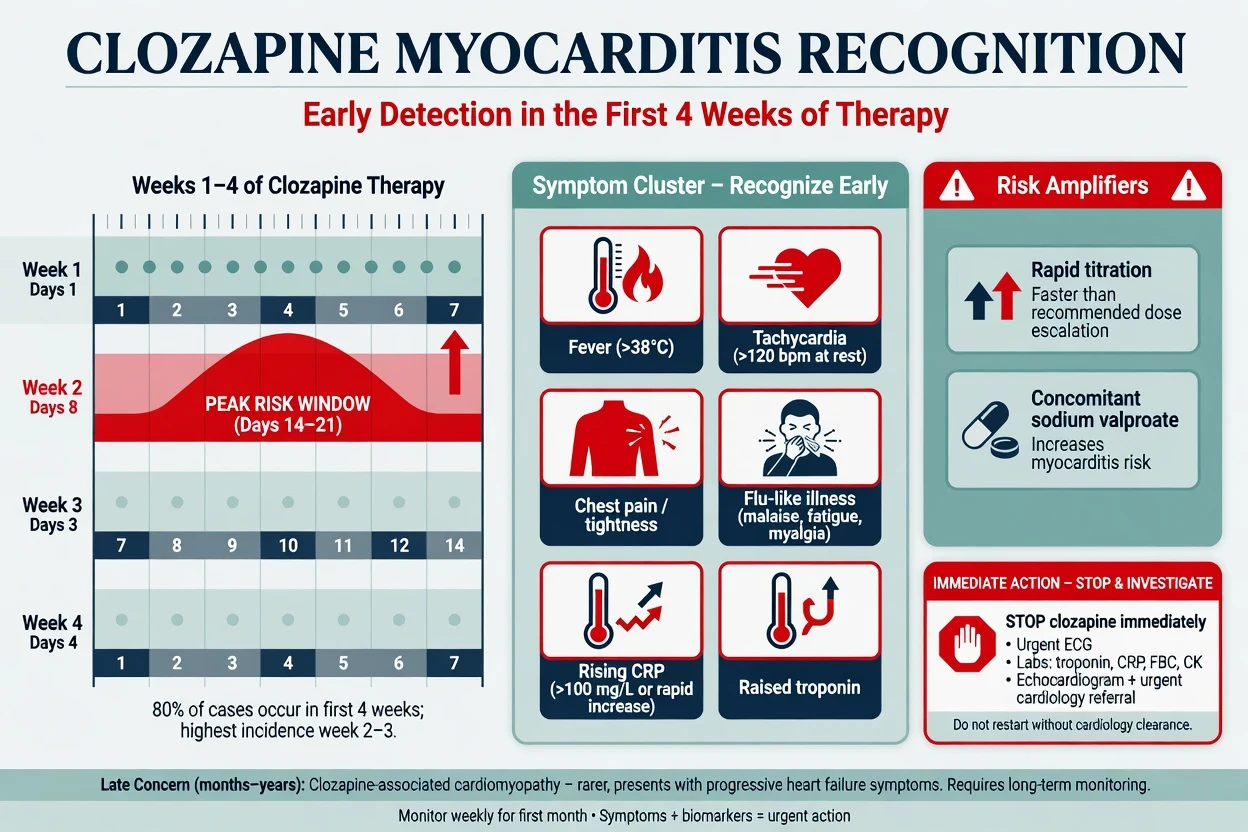 First-month clozapine myocarditis peak risk window symptoms labs and stop-and-investigate actions