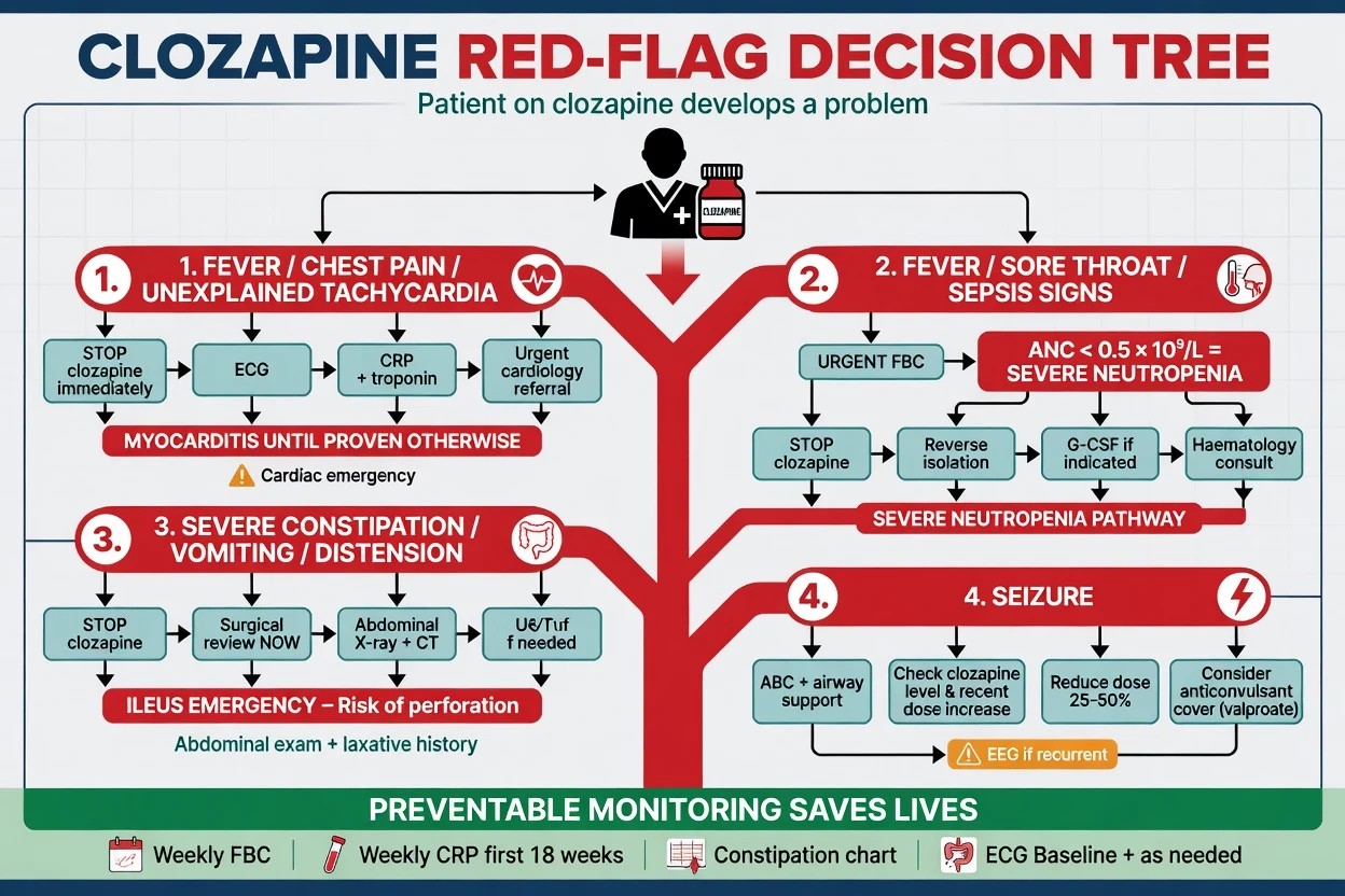 Red-flag decision tree for myocarditis neutropenia ileus and seizure on clozapine