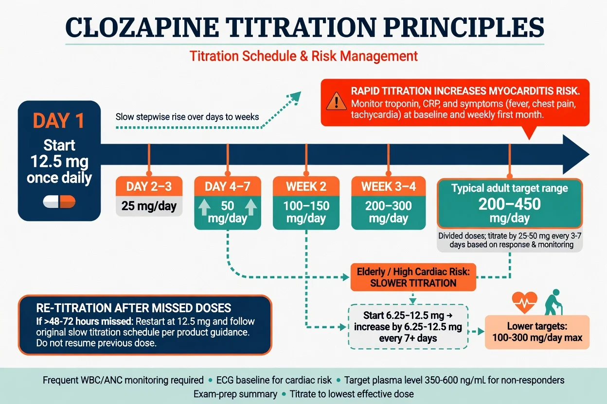 Clozapine slow titration timeline starting low with elderly slower path and re-titration after missed doses