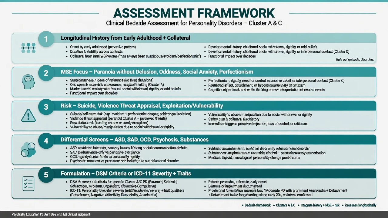 Five-step assessment framework: longitudinal history, MSE focus, risk, differential screens, formulation