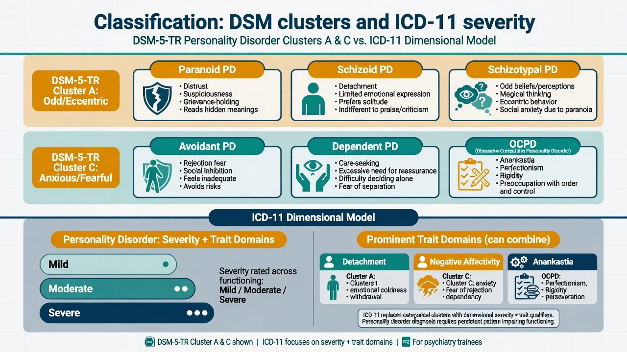 DSM-5-TR Cluster A and Cluster C boxes mapped to ICD-11 severity and trait domains detachment, negative affectivity, anankastia