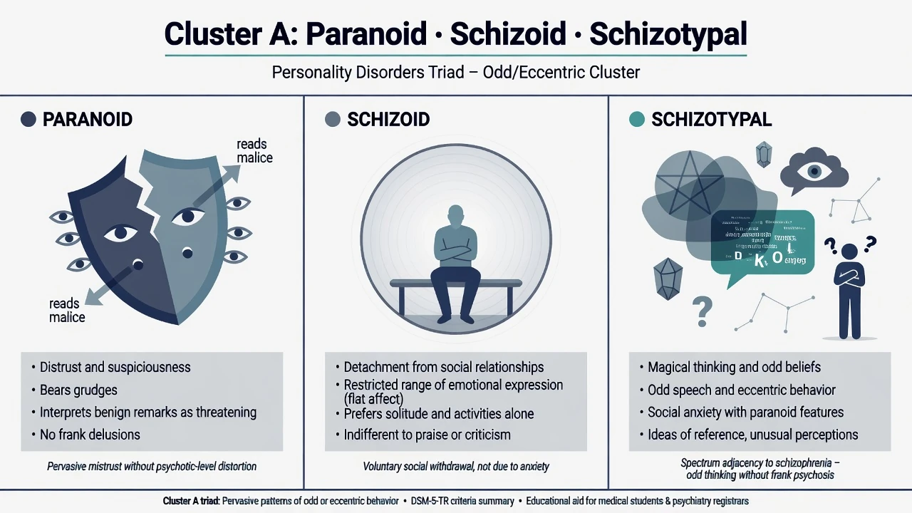 Three-panel Cluster A triad: paranoid distrust, schizoid detachment, schizotypal odd beliefs and perceptions