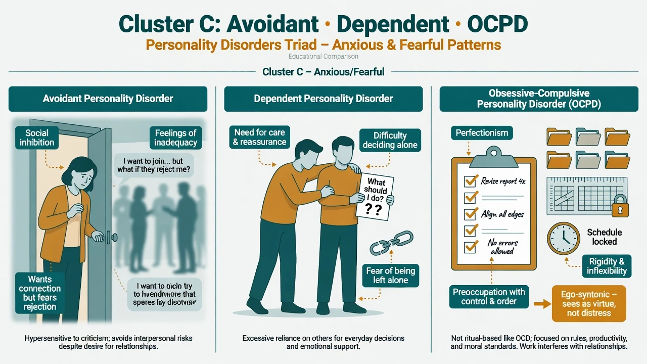 Three-panel Cluster C triad: avoidant social inhibition, dependent care-seeking, OCPD perfectionism and control