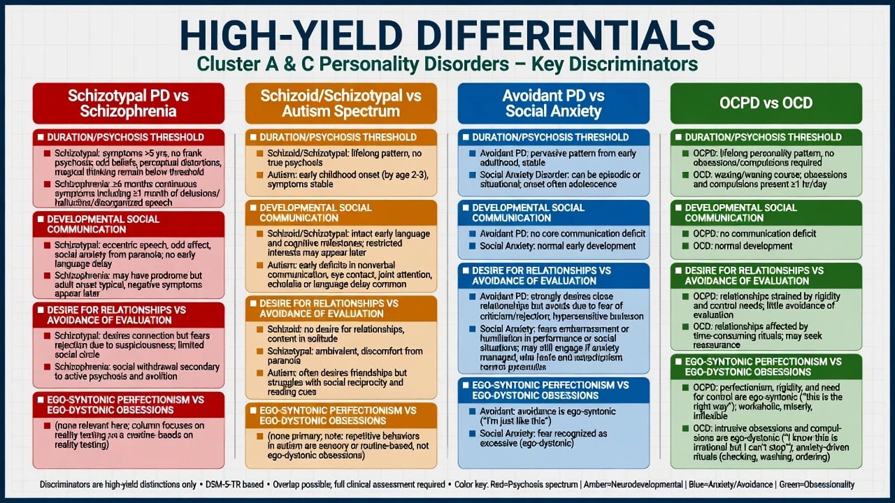 Four-column high-yield differentials: schizotypal vs schizophrenia, schizoid or schizotypal vs autism, avoidant vs social anxiety, OCPD vs OCD