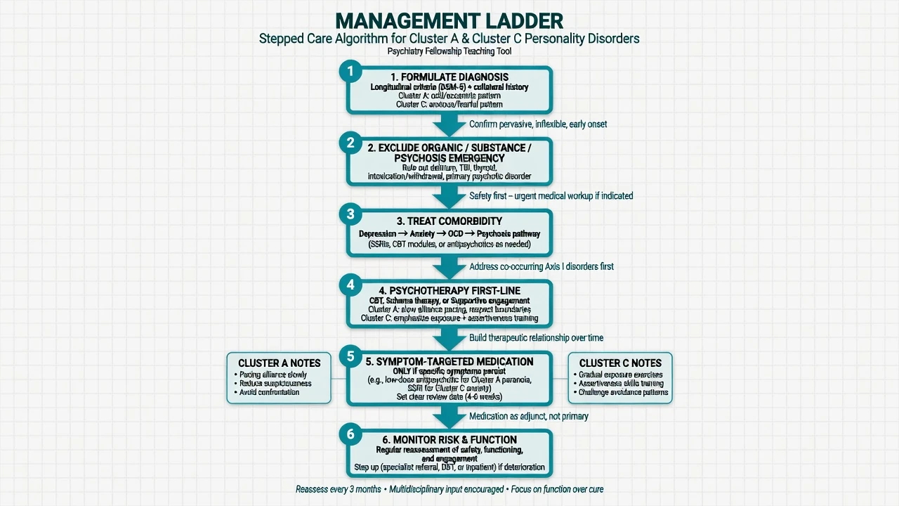Six-step management ladder from formulation through psychotherapy and targeted medication to monitoring