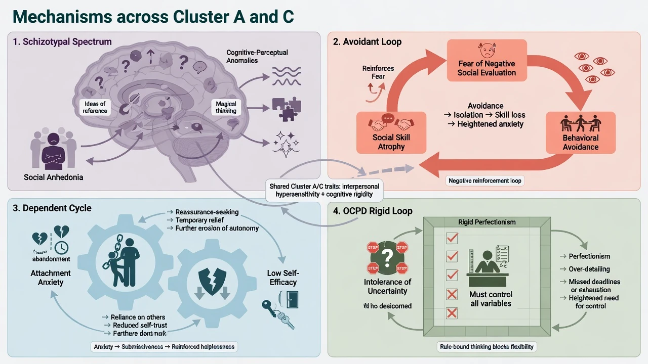 Four-panel mechanisms: schizotypal cognitive-perceptual anomaly, avoidant fear-avoidance loop, dependent attachment anxiety, OCPD perfectionism and rigidity