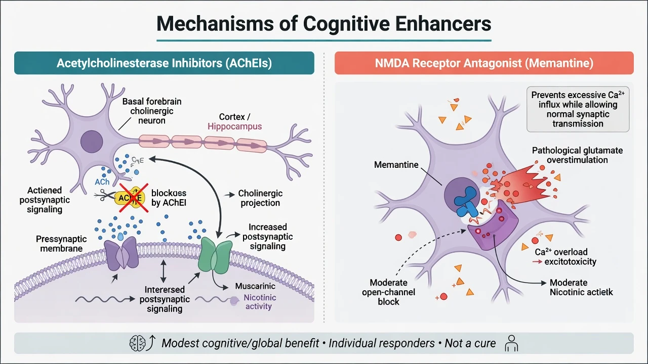Mechanism diagram of AChEI at cholinergic synapse and memantine at NMDA receptor