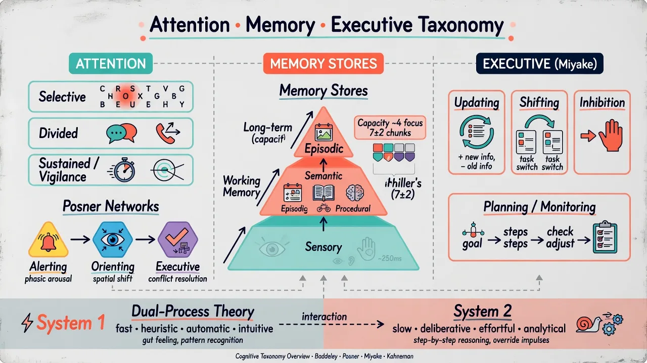 Taxonomy of attention subtypes, memory stores, Miyake executive triad, and dual-process System 1 versus System 2