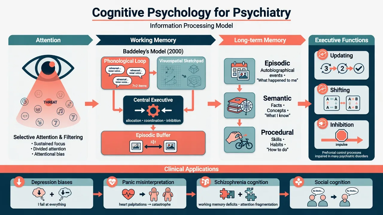 Information-processing overview: attention, Baddeley working memory, long-term memory stores, executive functions, and clinical applications