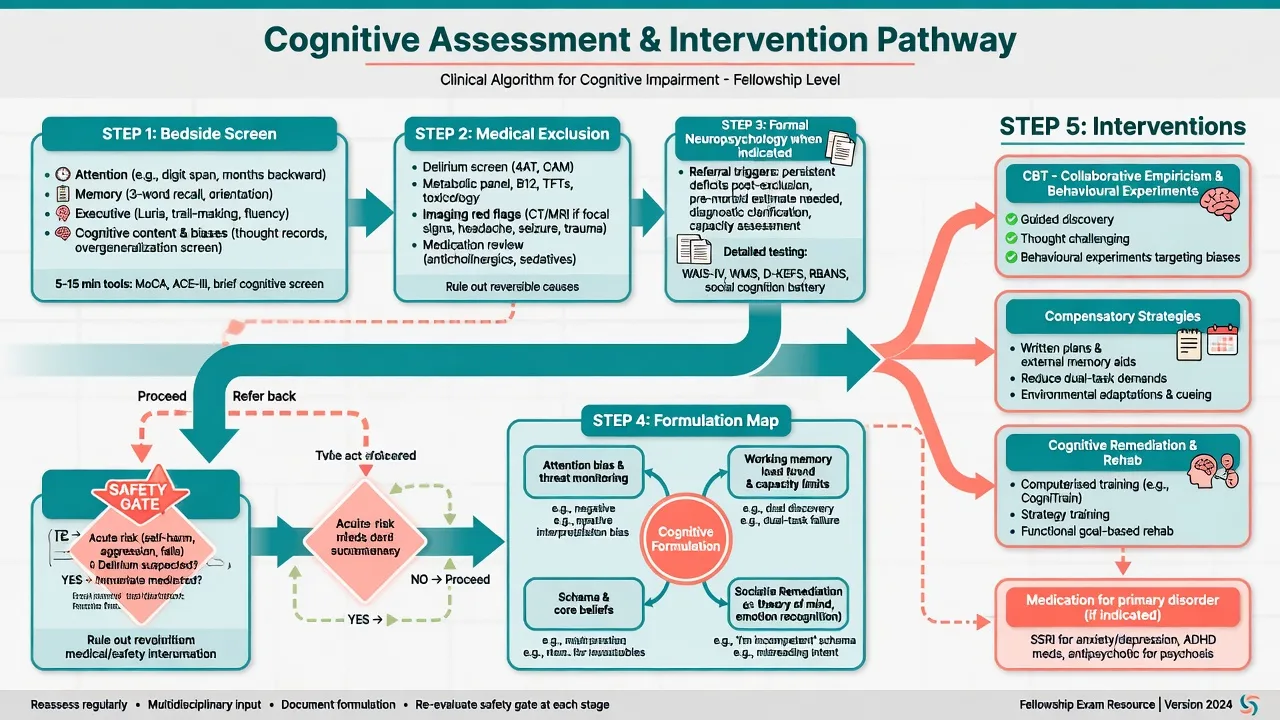 Clinical algorithm from bedside screen and medical exclusion through formulation to CBT, compensation, remediation, and medication