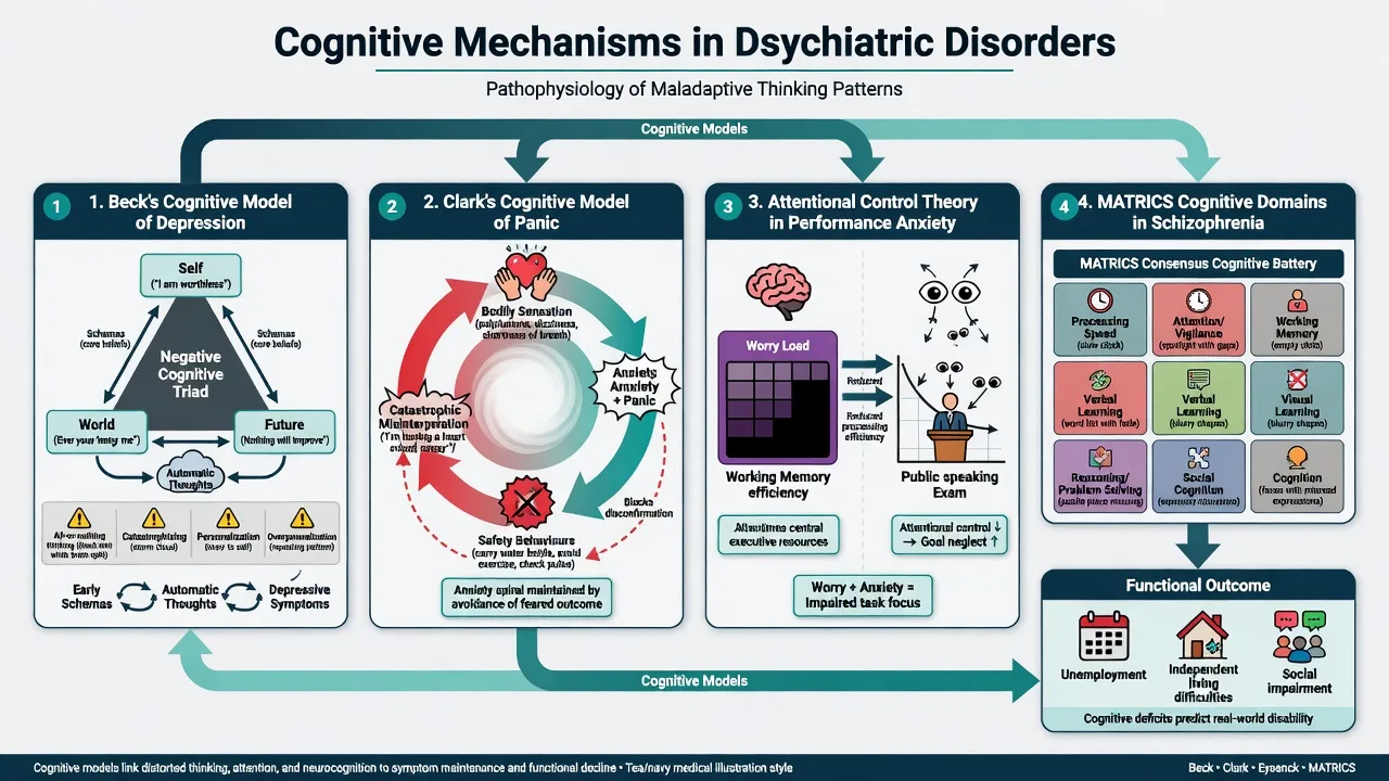 Four panels: Beck triad, Clark panic cycle, attentional control theory, MATRICS domains linked to function