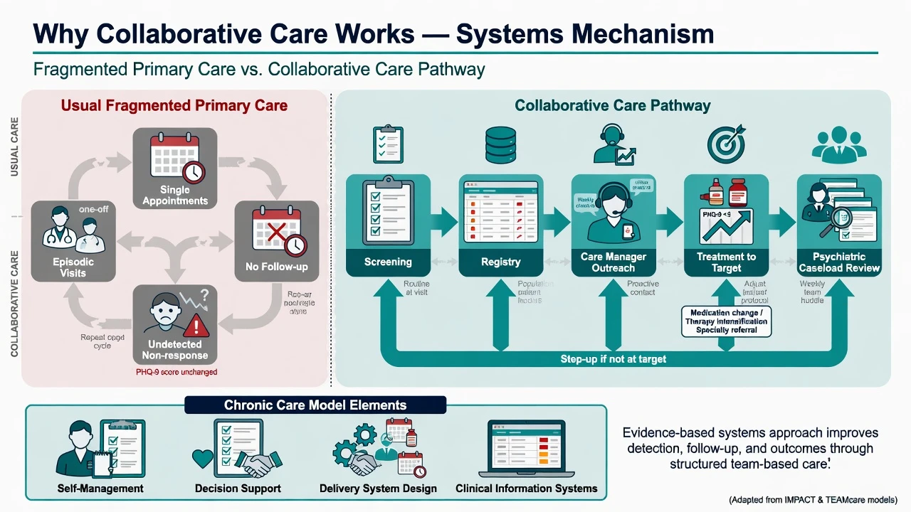 Usual care fragmentation versus collaborative care systems mechanism