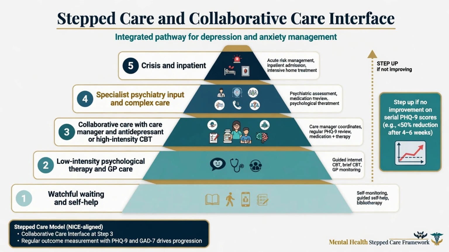 Stepped care pyramid interfacing with collaborative care