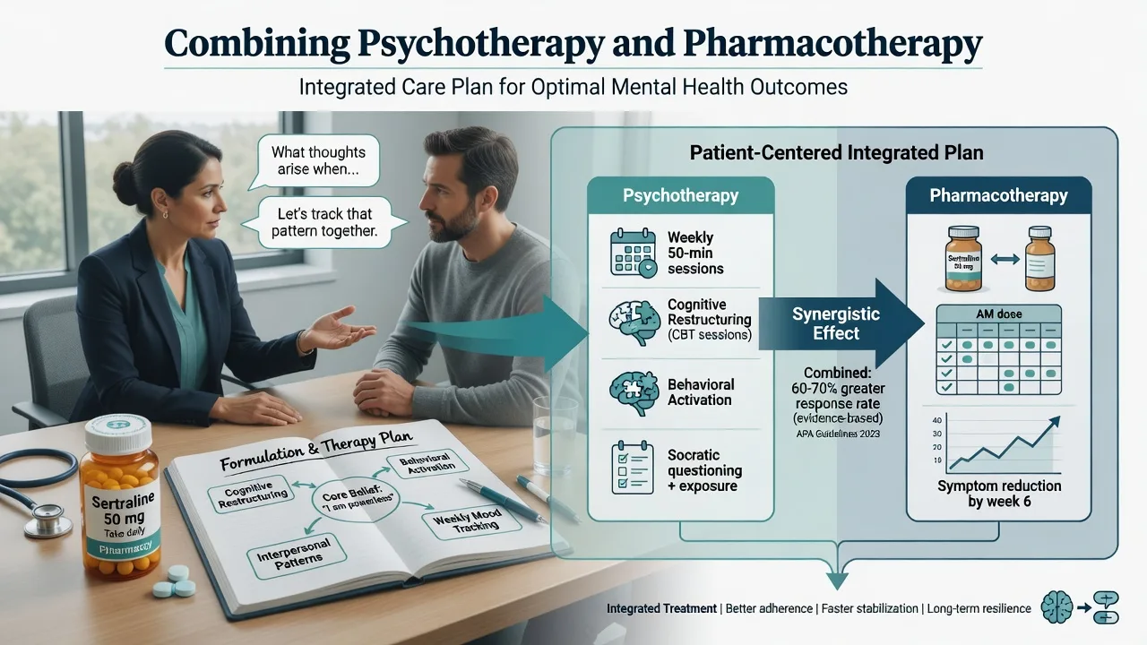 Integrated psychiatric care conceptual illustration combining medication and psychotherapy planning with patient