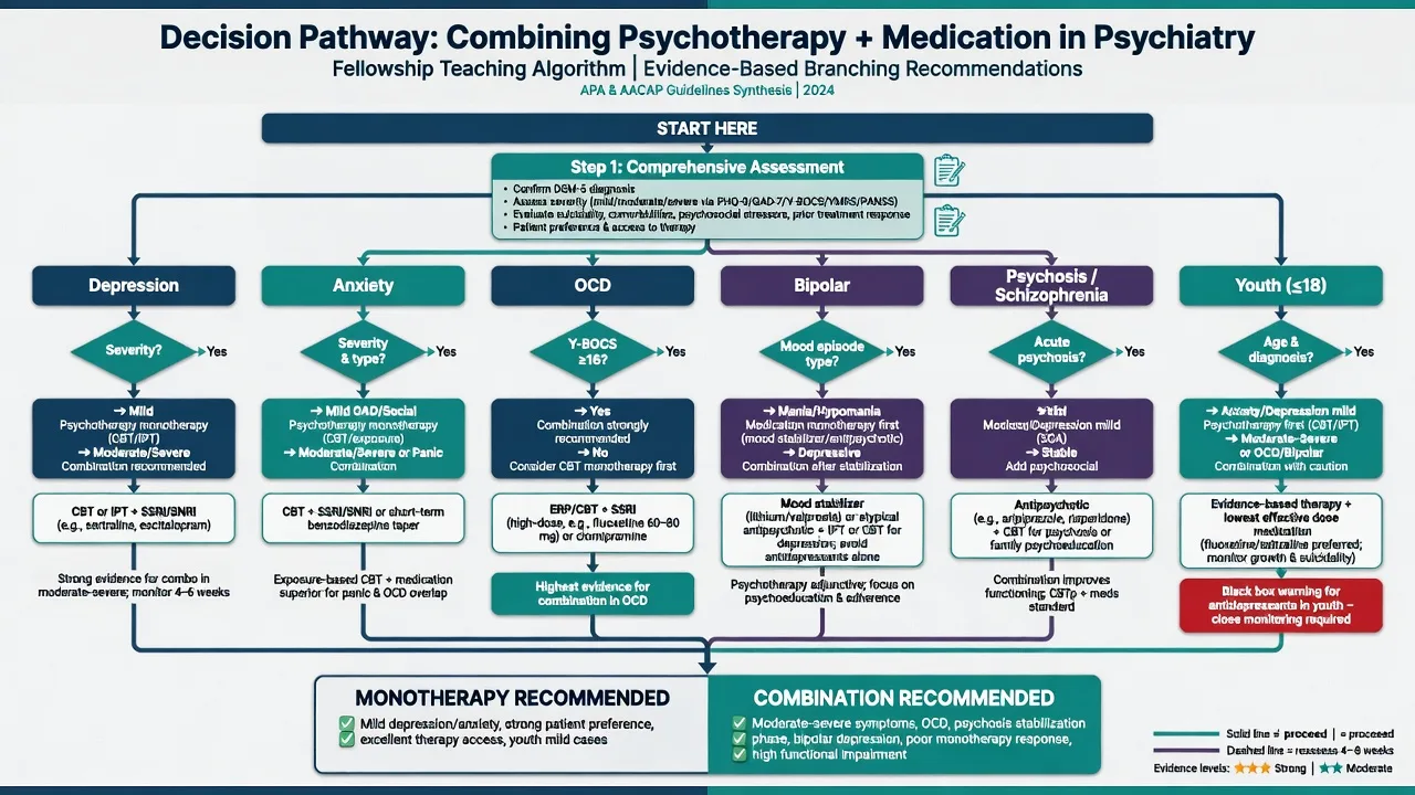 Clinical decision algorithm for combining psychotherapy and pharmacotherapy by disorder