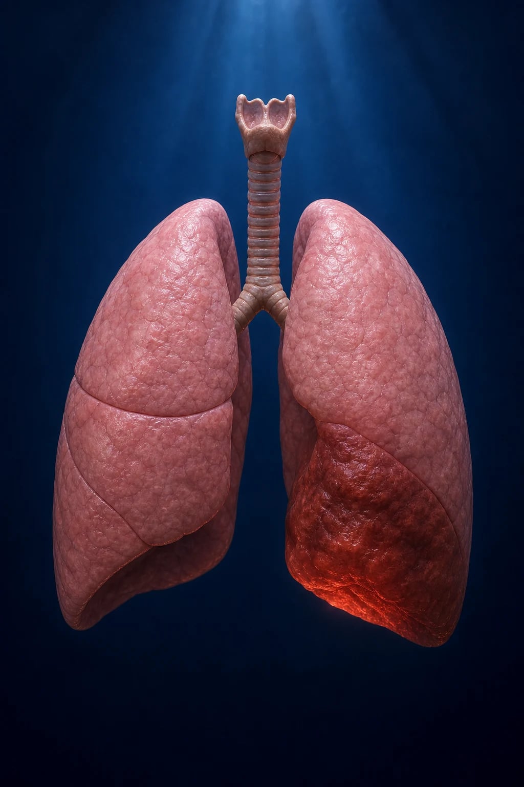Cinematic 3D close-up of consolidated lung tissue with alveoli filled by inflammatory exudate and bacteria, deep navy background