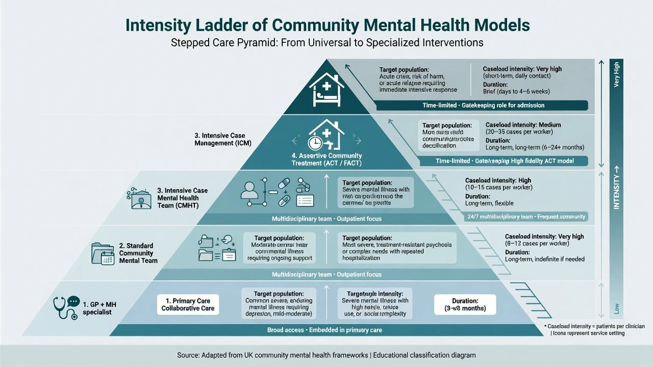 Educational intensity ladder of community mental health models from collaborative primary care through CMHT, ICM, ACT or FACT, to crisis home treatment and inpatient care