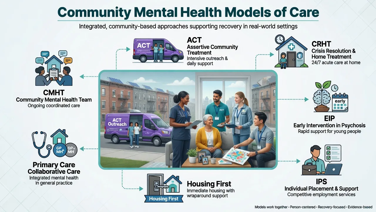 Educational illustration of multidisciplinary community mental health care spanning home visits, crisis response, early intervention, housing and employment support