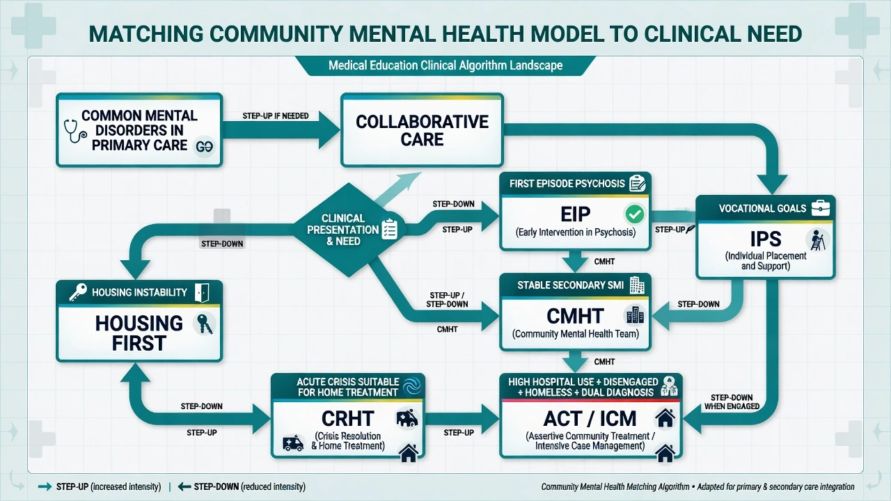 Clinical algorithm matching clinical need to community mental health model including collaborative care, EIP, CMHT, ACT, CRHT, Housing First and IPS