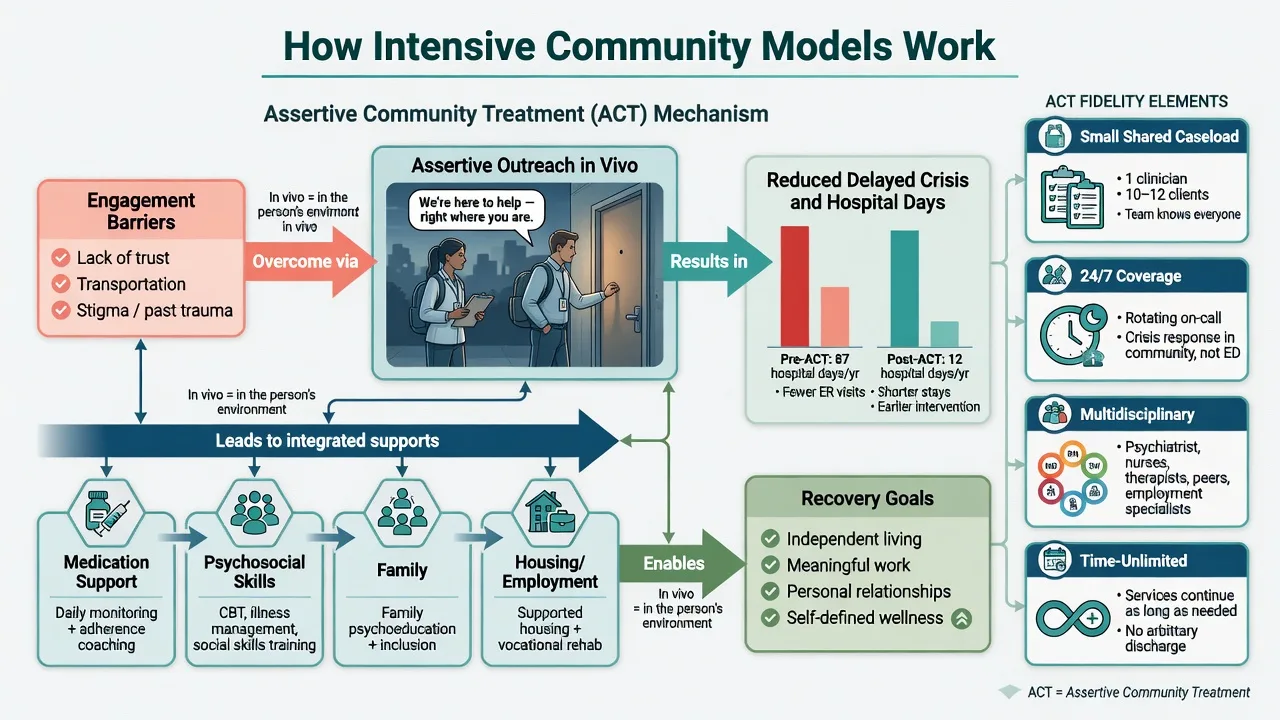 Mechanism map showing how assertive outreach, multidisciplinary support and social interventions improve engagement and reduce hospital days