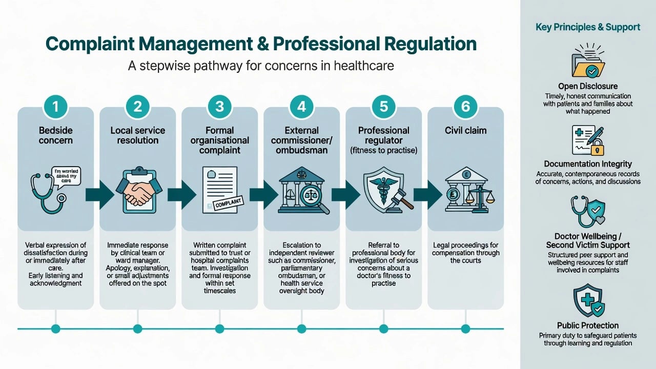 Educational pathway diagram from bedside concern through local resolution, formal organisational complaint, external review, professional regulator, and civil claim