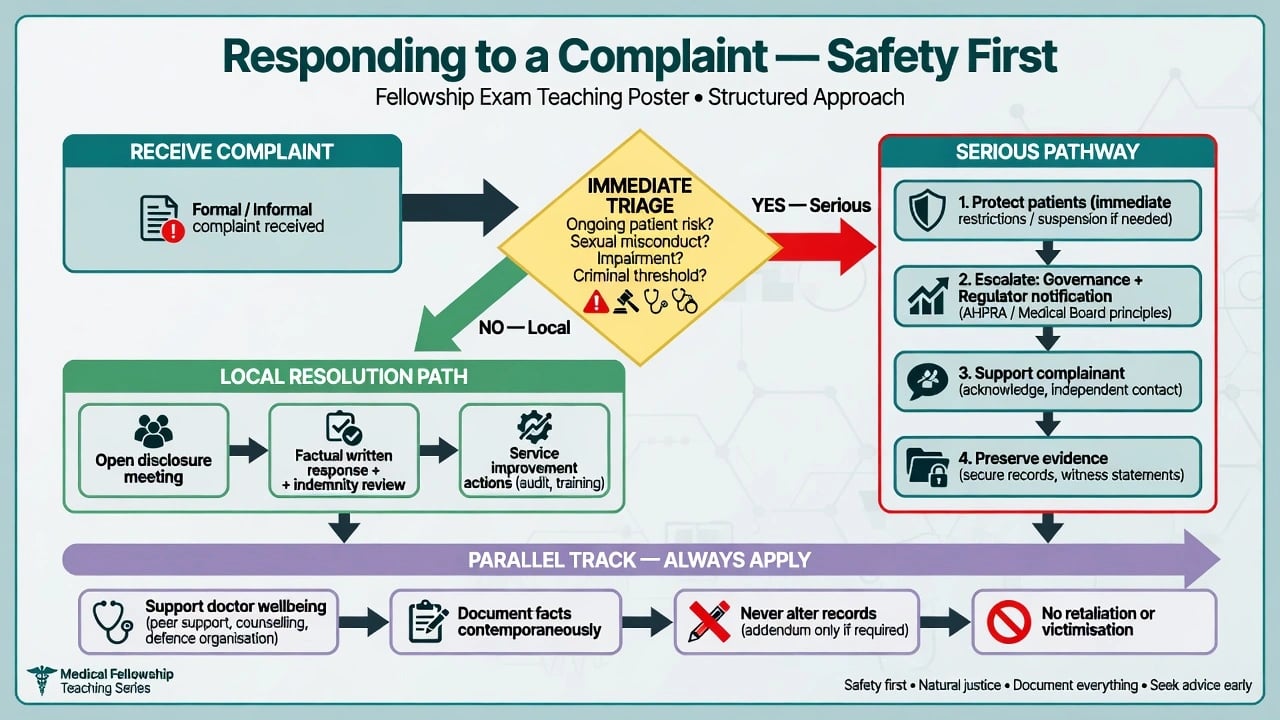 Flowchart for responding to a healthcare complaint with serious-risk branch and local resolution branch plus parallel doctor support