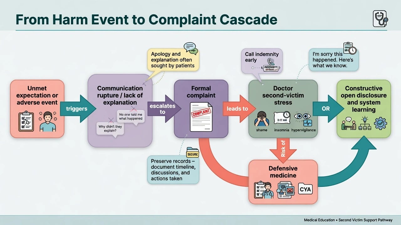 Flow diagram from adverse event or unmet expectation through communication rupture to formal complaint with second-victim stress and defensive medicine versus open disclosure pathways