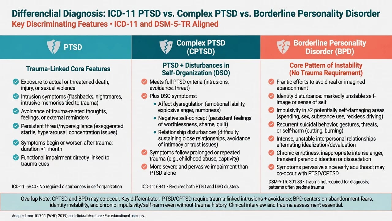 Three-column differential of PTSD, complex PTSD and borderline personality disorder