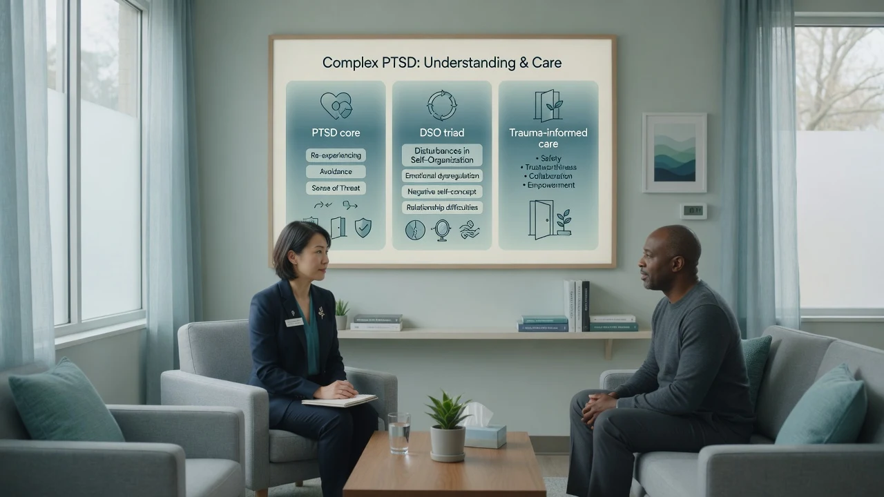Clinician and patient in a trauma-informed clinic with educational panel of PTSD core, DSO triad and trauma-informed care