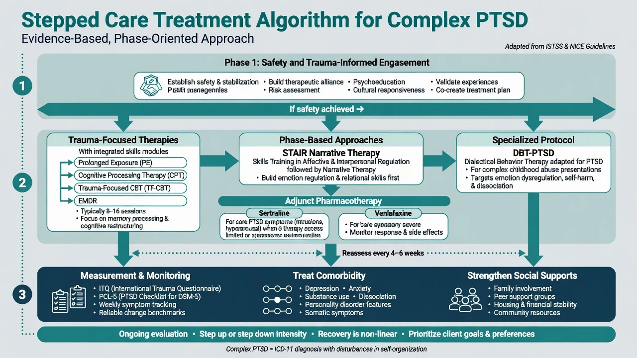 Stepped care algorithm for complex PTSD including trauma-focused therapies, STAIR, DBT-PTSD and adjunct medication