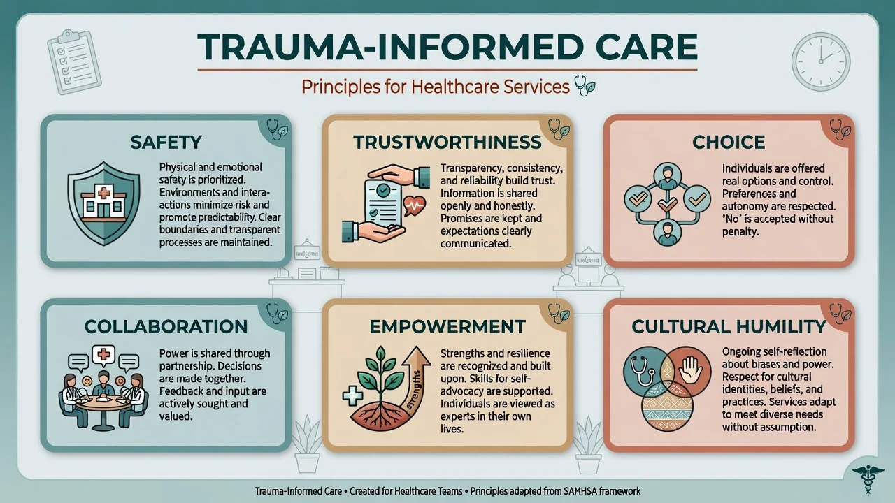 Six principles of trauma-informed care: safety, trustworthiness, choice, collaboration, empowerment, cultural humility