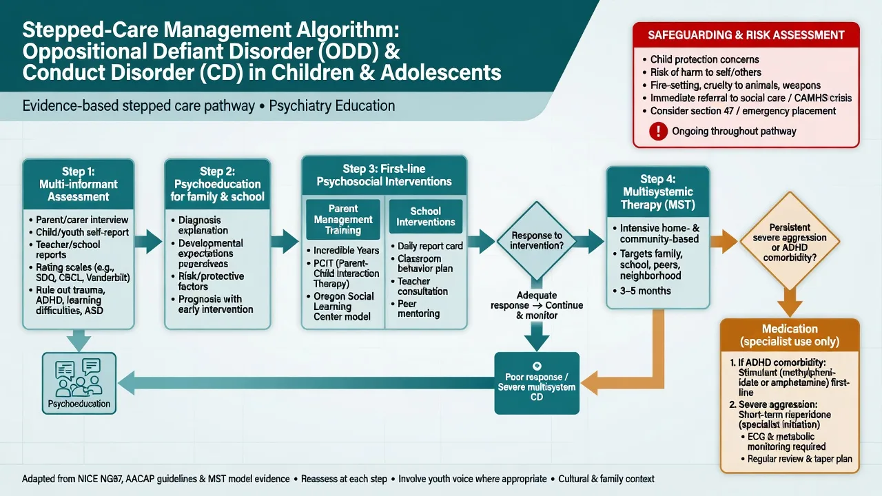 Stepped care algorithm parent training school interventions MST limited medication for severe aggression