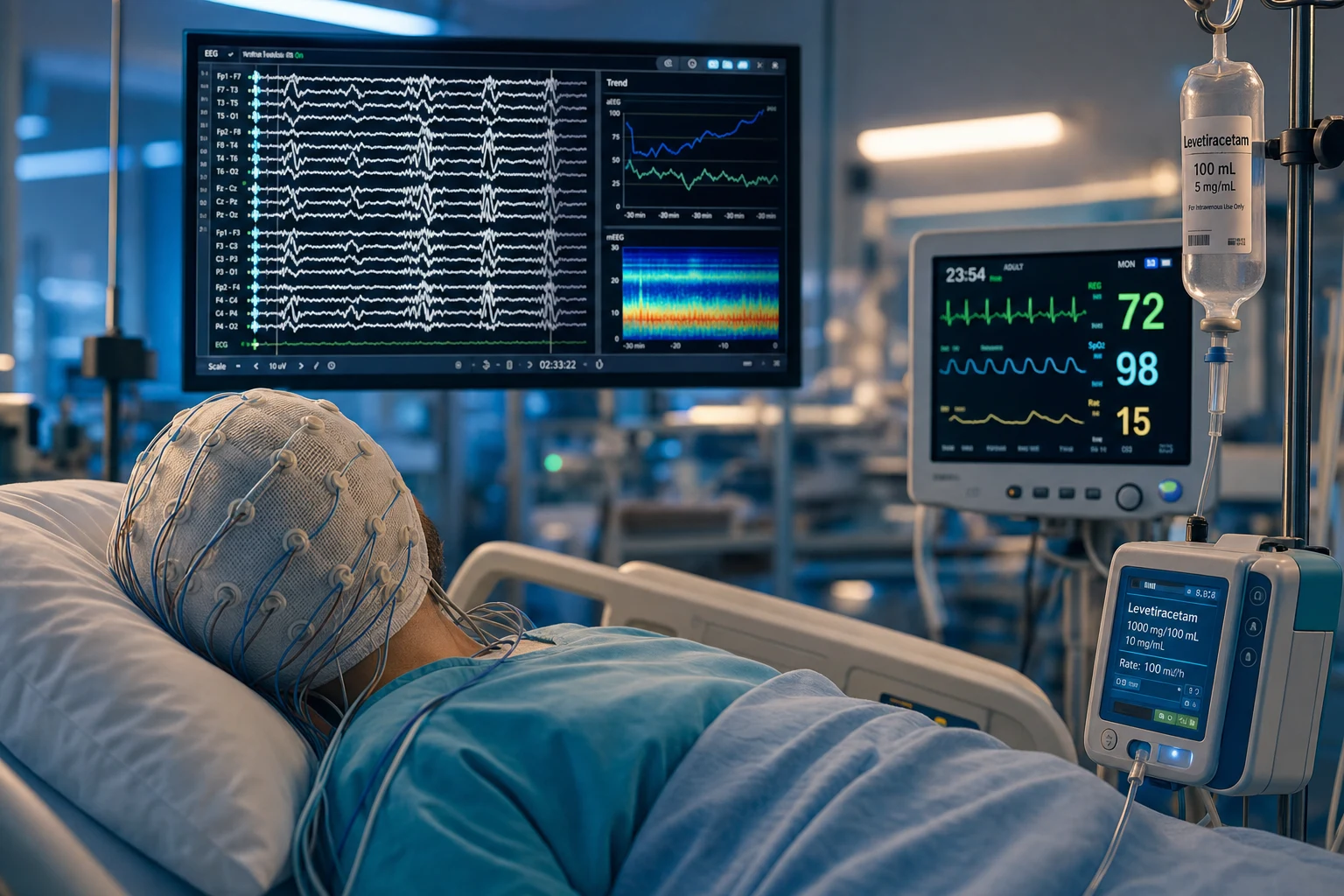 Cinematic ICU scene of a comatose patient with a continuous EEG cap, a split-screen monitor showing the raw EEG waveform with epileptiform activity and a trend display, a stable cardiac monitor, an IV antiepileptic infusion ready, clinical-blue lighting