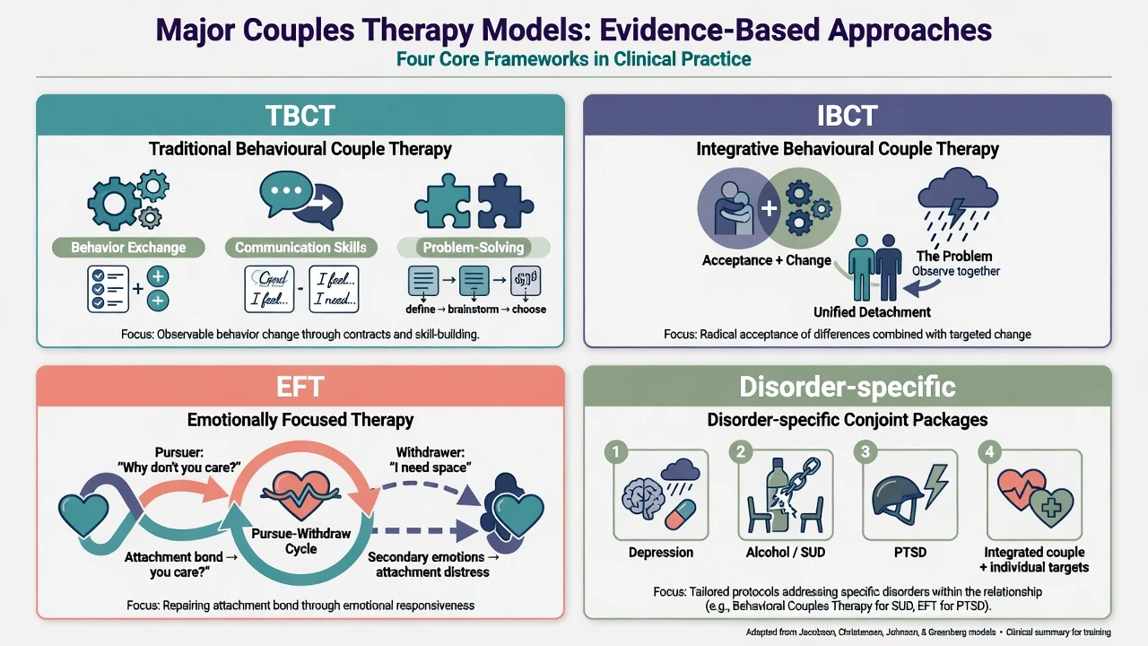 Four panels: TBCT, IBCT, EFT, and disorder-specific conjoint packages