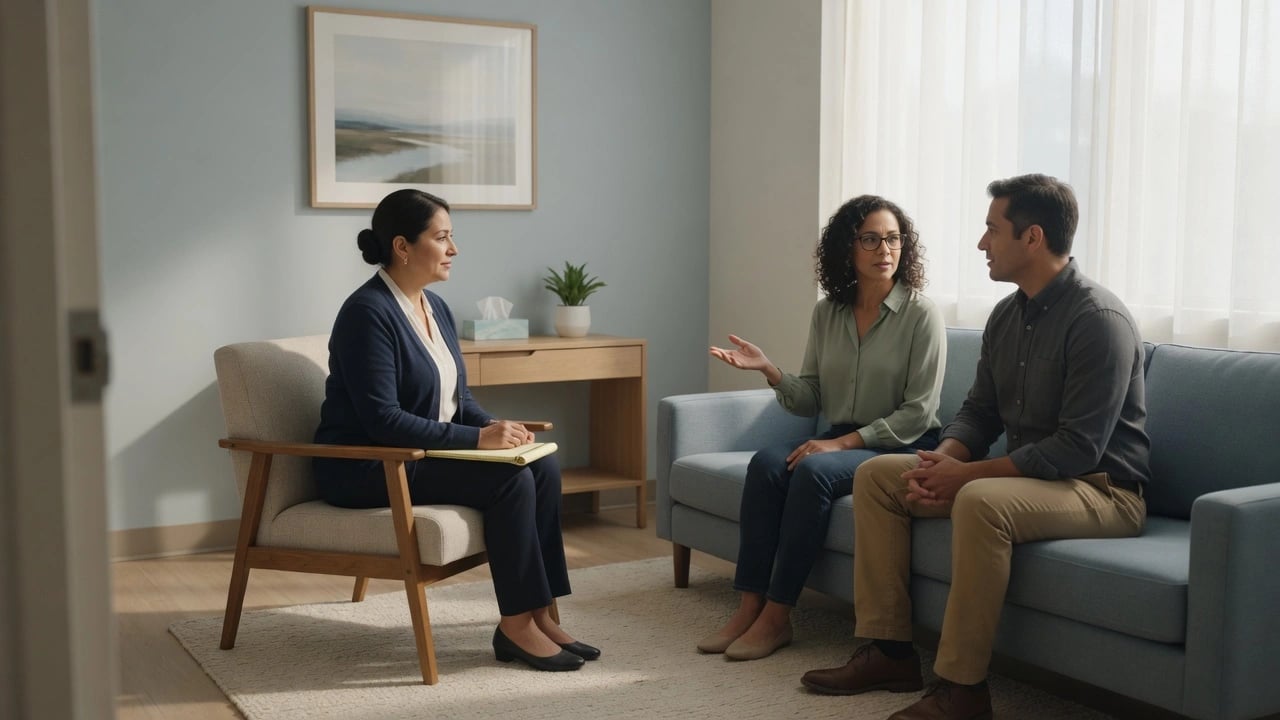 Therapist with a couple in a calm outpatient session reviewing relationship patterns