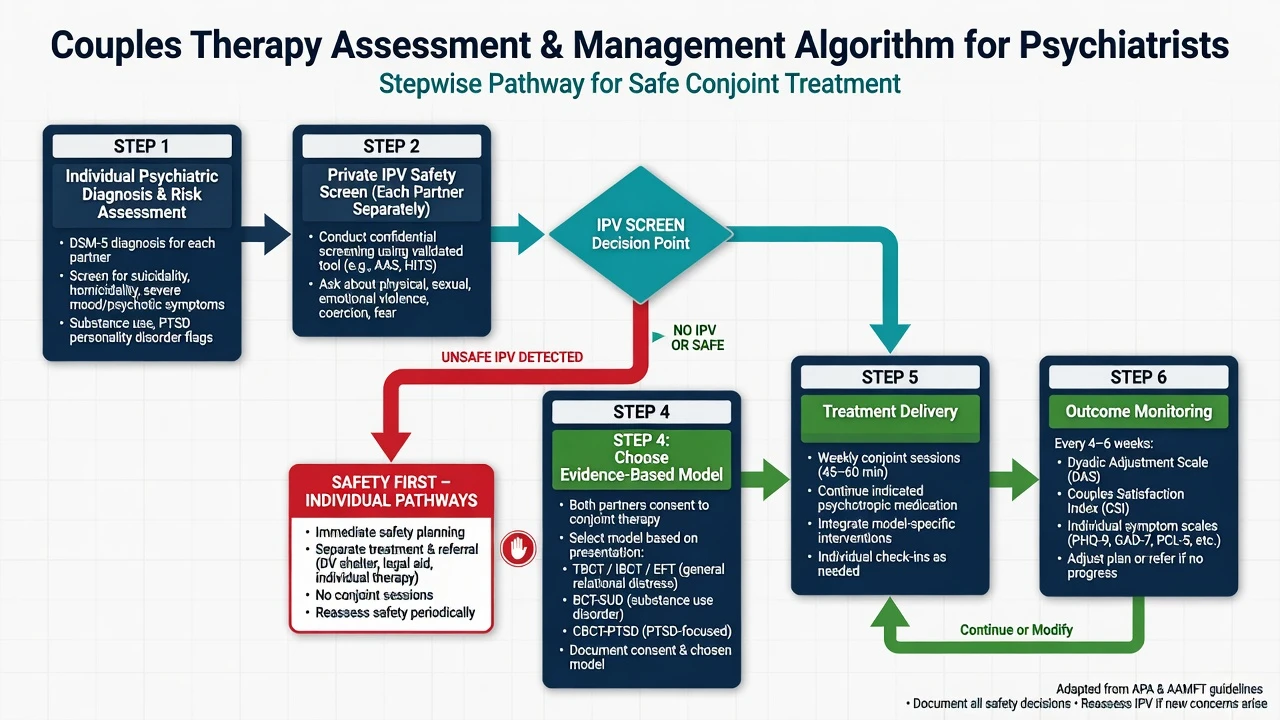 Algorithm: diagnosis and risk, private IPV screen, unsafe path to safety first, then model choice, delivery, monitoring