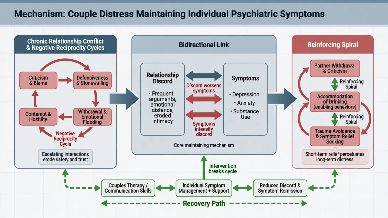 Diagram of negative reciprocity, bidirectional discord-symptom link, reinforcing spiral, and recovery path