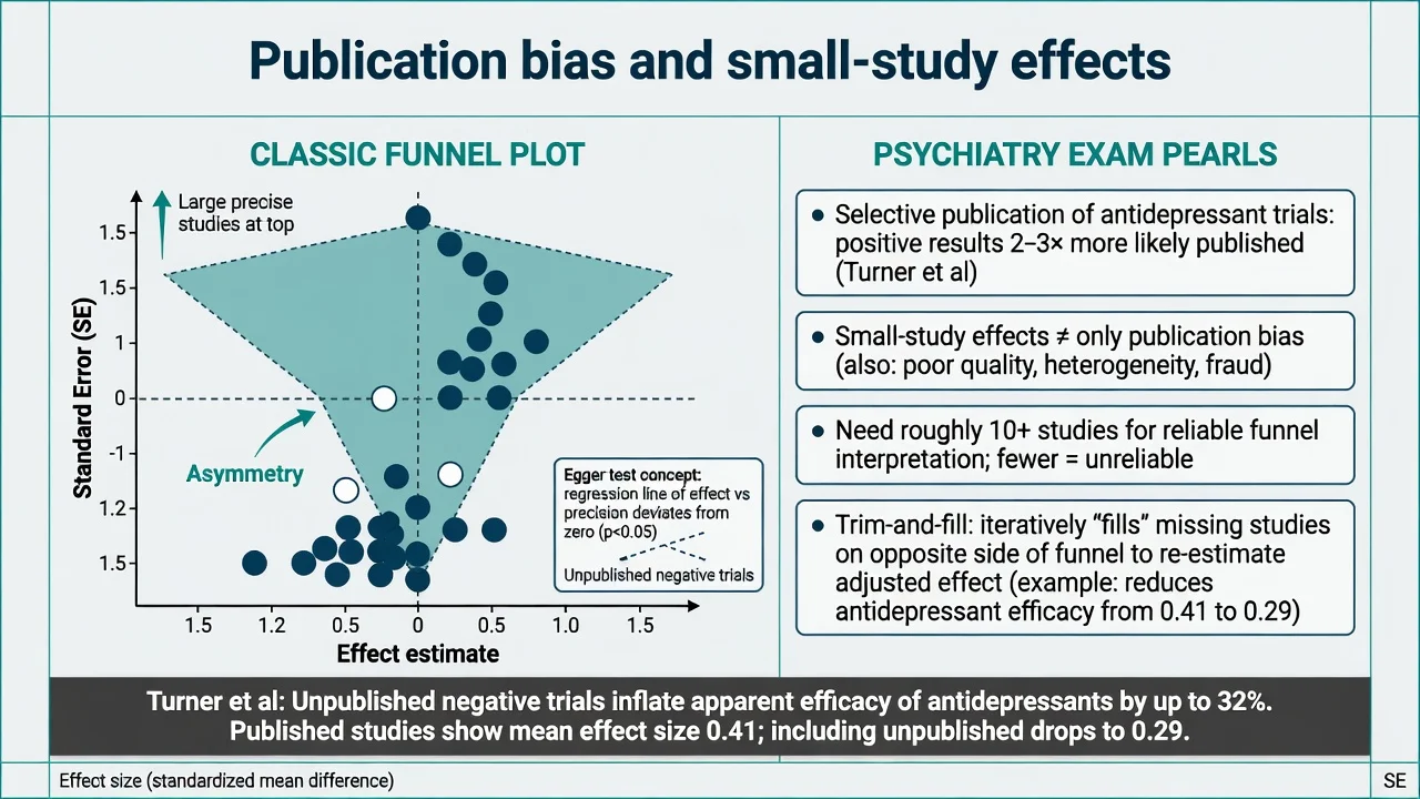 Funnel plot with asymmetric missing negative studies and exam pearls on small-study effects