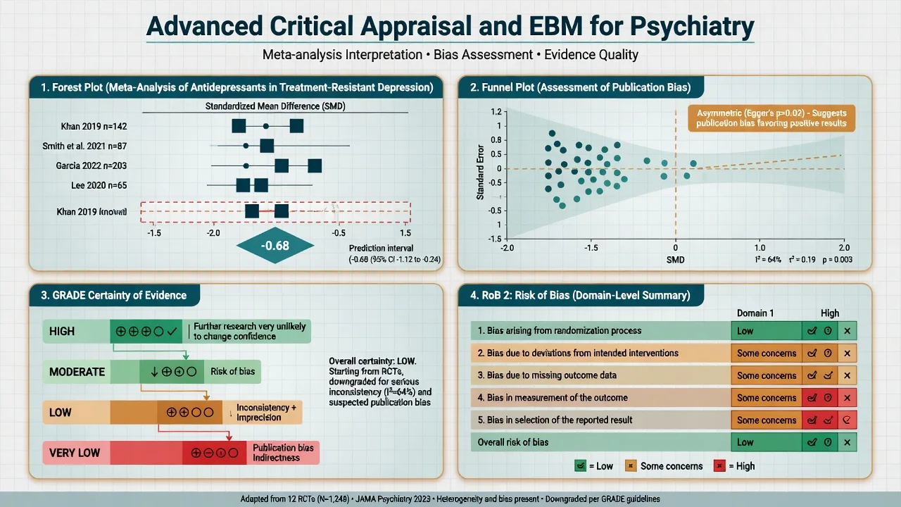 Dashboard of advanced critical appraisal: forest plot, funnel plot, GRADE certainty ladder, and RoB 2 domains