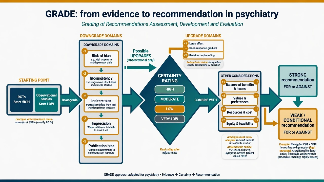 GRADE flowchart from study design through downgrades and upgrades to recommendation strength