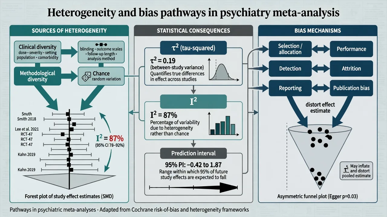 Diagram of heterogeneity sources and bias pathways distorting psychiatry meta-analysis estimates