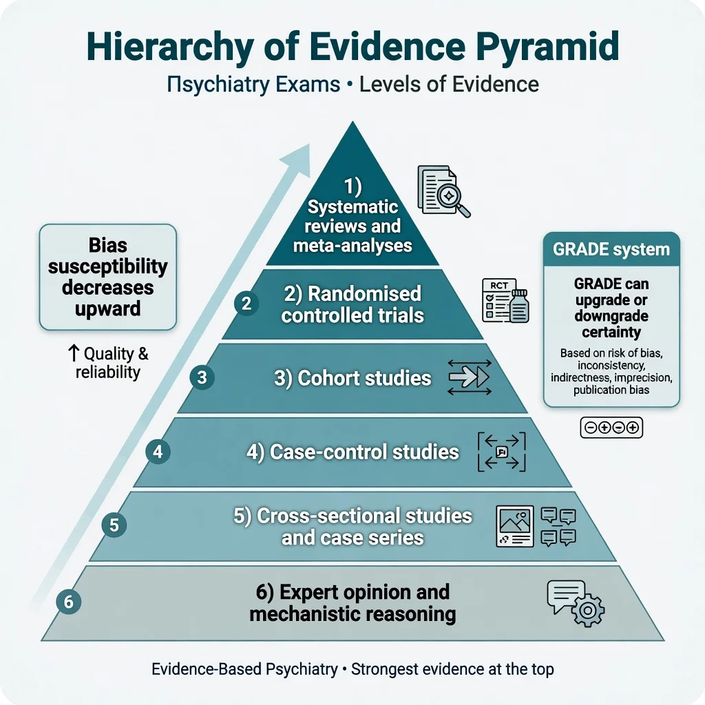 Hierarchy of evidence pyramid from systematic reviews and meta-analyses down to expert opinion, with GRADE upgrade and downgrade note