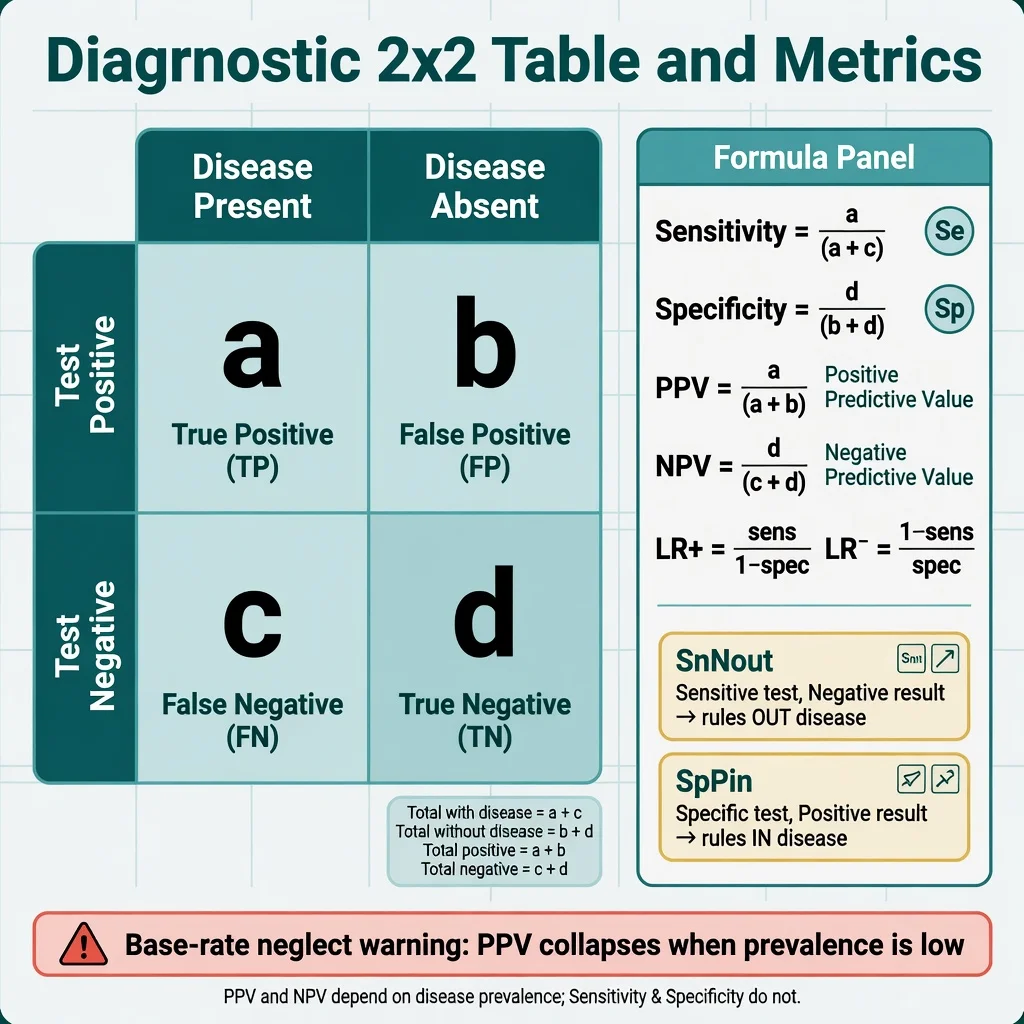 Diagnostic 2 by 2 table with sensitivity specificity PPV NPV and likelihood ratio formulae