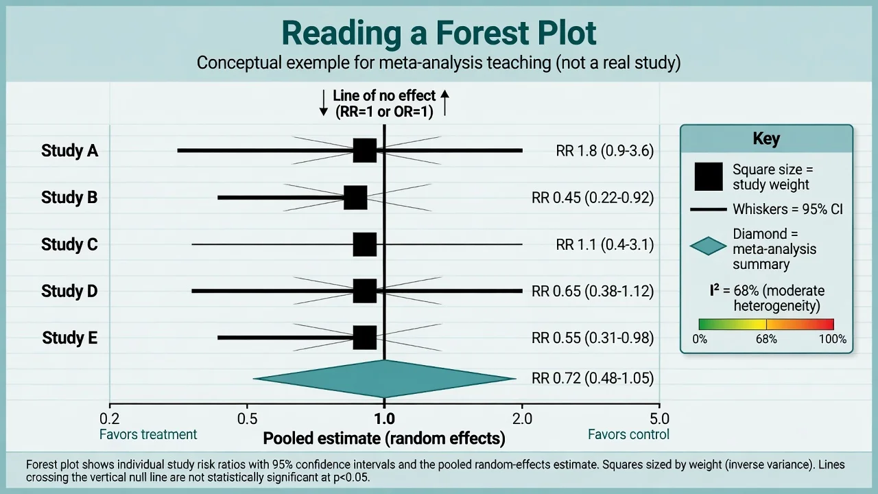 Conceptual forest plot with study squares, confidence interval whiskers, line of no effect, and pooled diamond