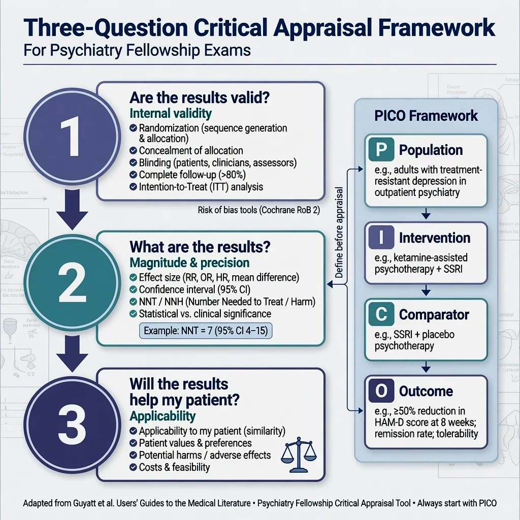 Three-question critical appraisal algorithm with validity, results and applicability steps beside a PICO panel